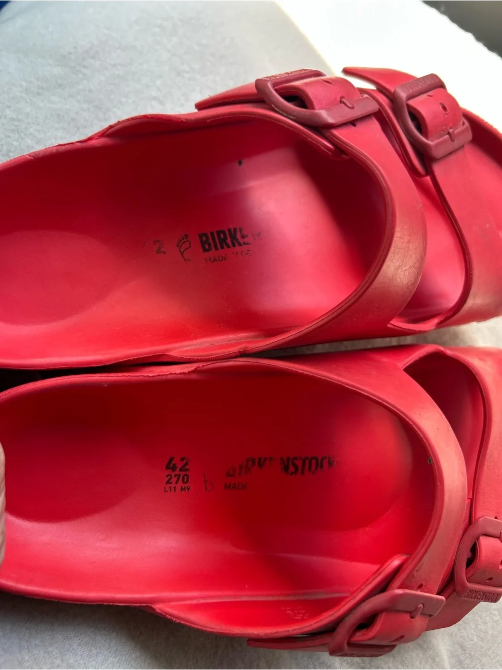 Mens Birkenstock Arizona EVA is Red Dual-Buckle Slide Sandals size 9 / ladies 11